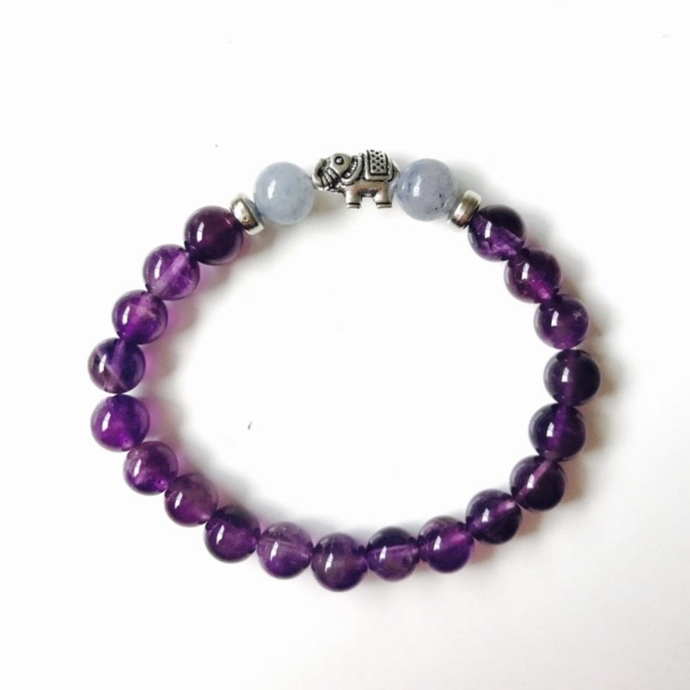 Purple Amethyst Stone Mala Bead Elephant Bracelet